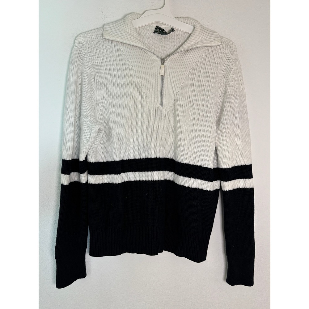 Lauren Active Ralph Lauren Quarter Zip Cotton Sweater White Navy Blue XL